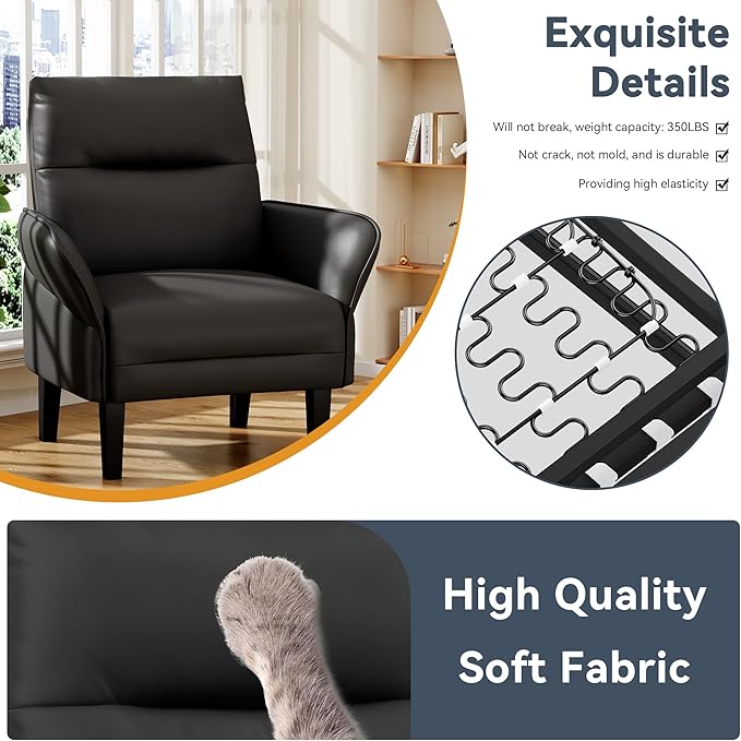 HAOBO Home Modern Black Accent Chair Upholstered PU Leahter Armchair for Bedroom Living Room Chairs Office Chair
