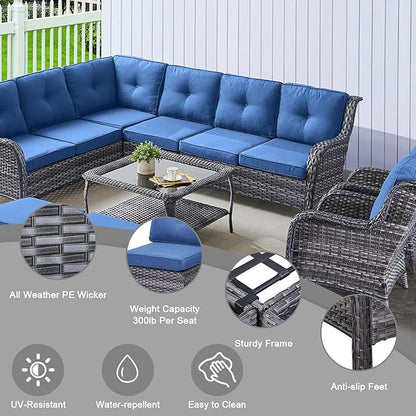 HUMMUH 8 Pieces Outdoor Patio Furniture Set with Fire Pit,L-Shaped Modular Sectional Couches with Swivel Patio Chairs,Wicker Conversation Set for Deck,Backyard,Porch,Garden