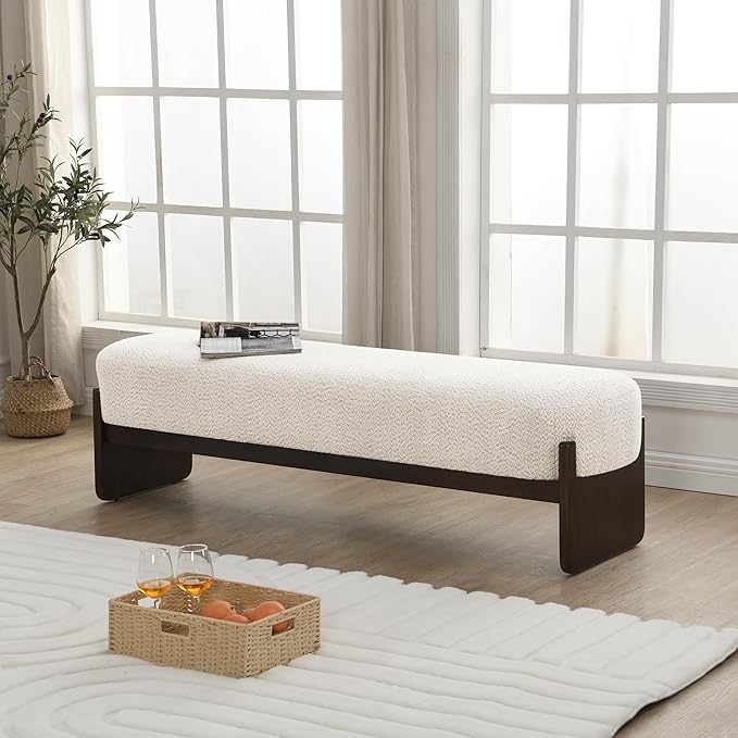 Christopher Knight Home Arden Minimalist Style Rectangular Loop Yarn Fabric Ottoman Bench, Rubberwood Frame, Entryway Bench, Living Room Sofa Extra Seat, End of Bed Footstool, Beige+Brown