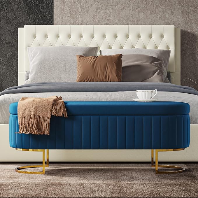 EcoHarbor Living 50" Velvet Storage Bench Hallway Ottoman,Upholstered End of Bed Bench with 2 Additional Ottomans Gold Legs,Flipping Lid Entryway Footrest