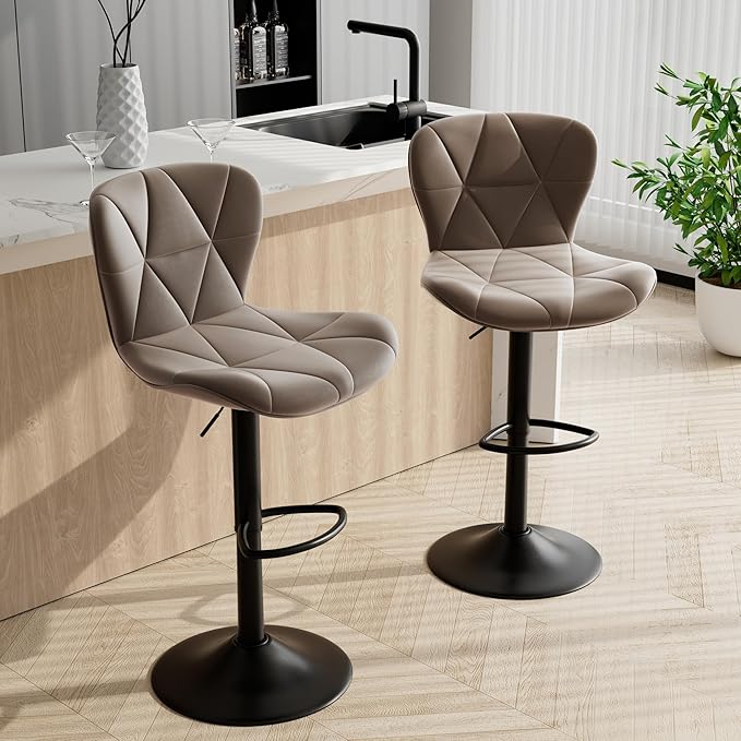 Bar Stools Set of 2,Adjustable Swivel Barstools, Faux Leather Bar Chairs,Upholstered Counter Height with High Backrest for Kitchen Island, Dark Khaki