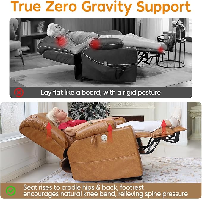 ABCASA Oversized Zero Gravity Power Lift Recliner Chair, 24.8''Wide Dual Motor Recliner for Elderly, Heat & Massage, USB & Type-C Ports, Cup Holders, Extended Footrest, PU Leather, Orange Brown