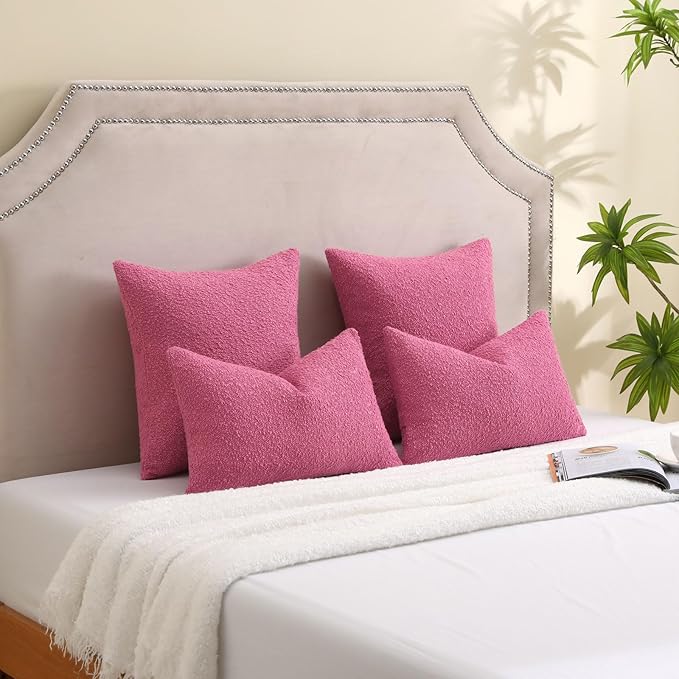 FUTEI Pack of 2 Hot Pink Decorative Throw Pillow Covers 12x20 Inch Soft Cozy Solid Boucle Textured Lumbar Pillow Cases,Modern Home Decor for Couch Bed Living Room