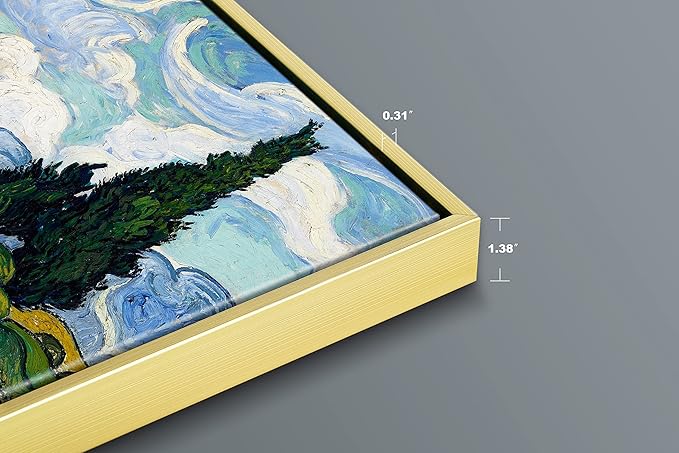Wieco Art Framed Wall Art Canvas Prints of Wheat Field with Cypresses by Van Gogh Paintings Reproduction Abstract Artwork for Wall Decor Golden Frame