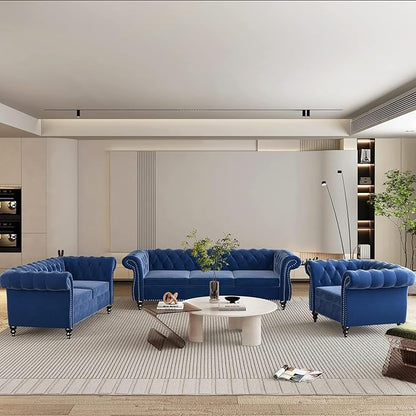 Living Room Chair, Modern Velvet Chesterfield Sofa Chair, Mid Century Single Sofa Couch Chair with Tufted Back and Rolled Arms, Accent Sofa Chair for Living Room Apartment, Blue
