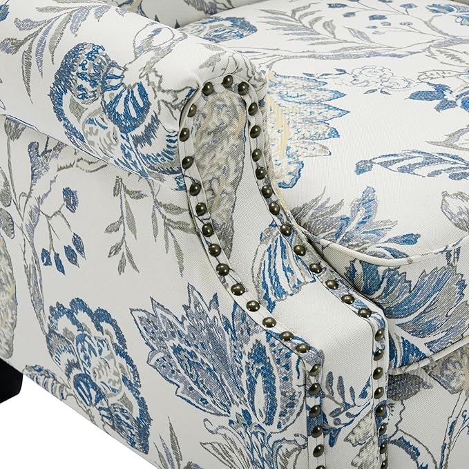 UIXE High Back Floral Accent Chair, Fabric Upholstered Armchair Wingback Chair for Living Room, Nailhead Trim Single Sofa Bedroom Side Reading Seat - Plants Blue