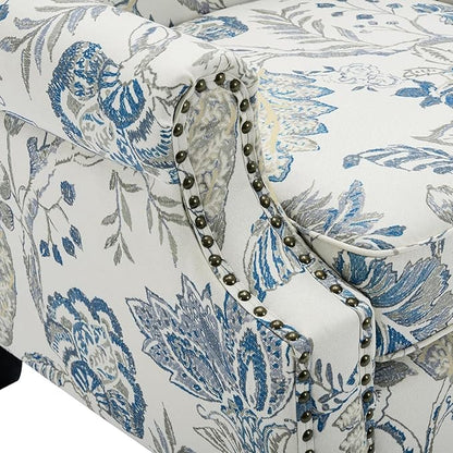 UIXE High Back Floral Accent Chair, Fabric Upholstered Armchair Wingback Chair for Living Room, Nailhead Trim Single Sofa Bedroom Side Reading Seat - Plants Blue
