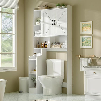 Over The Toilet Storage Cabinet with Barn Doors, Rustic Bathroom Organizer, Space-Saving Shelf for Laundry, White