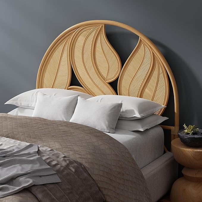 Kouboo Palm Springs Rattan Headboard for Full Size Beds Natural Boho Style with Intricate Palm Leaf Pattern and Arch Perfect for Coastal Beach Bedroom Made from Rattan 54 in Wide from
