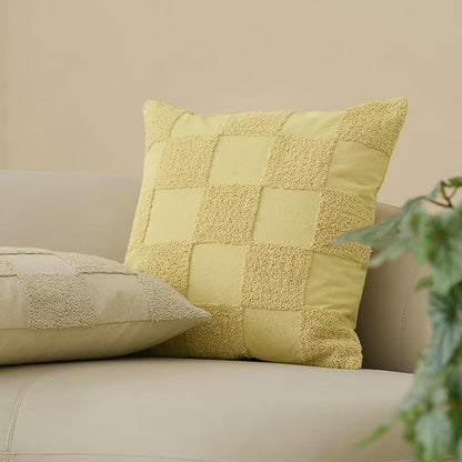 Double Stitch 100% Cotton Throw Pillow Covers - Checkered Tufted Boho Decorative Pillow Covers 20x20, Made in India, Square Cushion Case, Modern Home Decor for Couch, Sofa, Living Room, Lemon Yellow