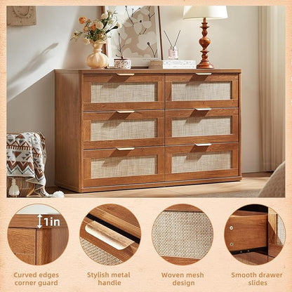 LEYAOYAO Rattan Dresser for Bedroom Set of 2, Boho 48" Wide 6 Drawer Dresser Chest of Drawers, Wood Dressers TV Stand with Metal Handle, Storage Dressers Closet Organizer for Living Room, Hallway