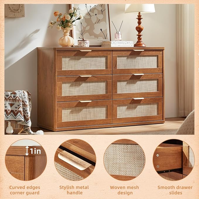 LEYAOYAO Rattan 6 Drawer Dresser for Bedroom, 48" Wide Boho Chest of Drawers, Wooden Dressers TV Stand with Metal Handle, Storage Closet Organizer for Living Room, Hallway, Tea Brown