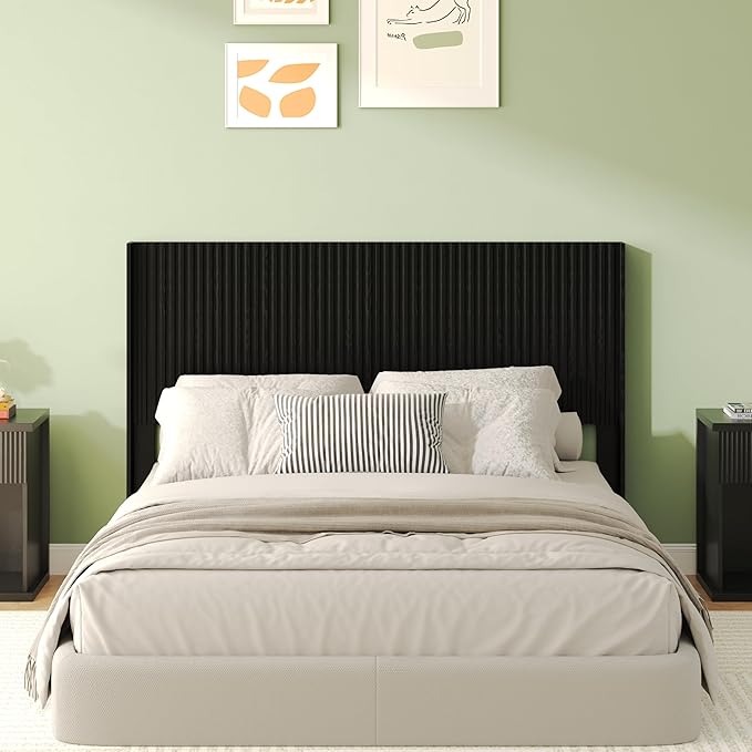 COCO DESIGN Queen Size Headboard Only, 64.3" Wide Wooden Headboard, Mid Century Modern Farmhouse Boho HeadBoard, Wall Mount, Fluted Panel, Wingback Design, Black