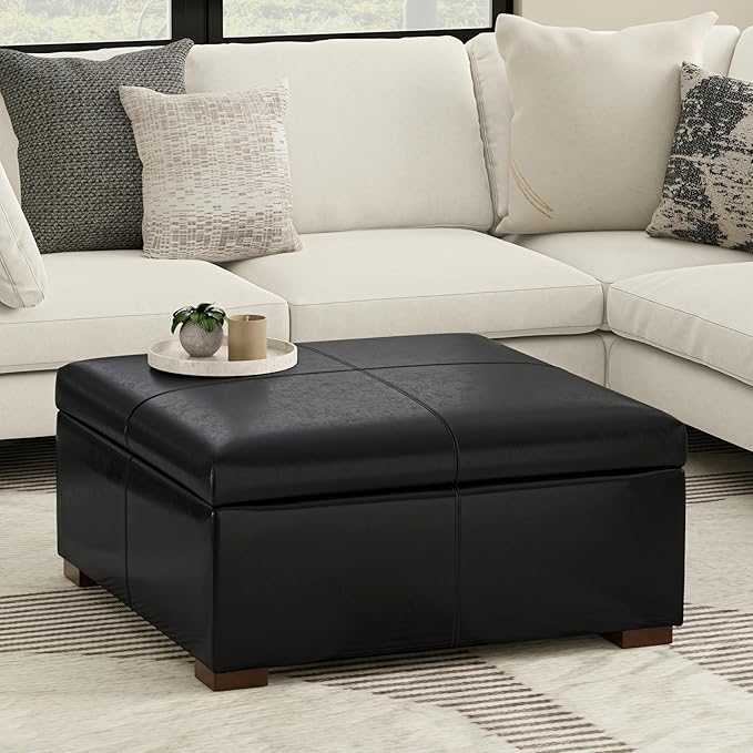 SIMPLIHOME Gabbie 36 inch Wide Contemporary Square Square Coffee Table Storage Ottoman in Midnight Black PU Black Faux Leather, Assembled, for The Living Room, Entryway and Family Room