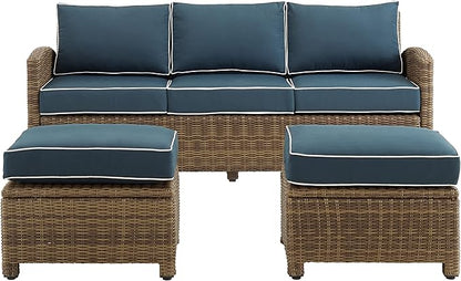 Crosley Furniture Bradenton 3-Piece Outdoor Sofa Patio Furniture Set, Wicker Conversation Sets for Porch, Brown with Navy Cushions