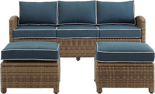 Crosley Furniture Bradenton 3-Piece Outdoor Sofa Patio Furniture Set, Wicker Conversation Sets for Porch, Brown with Navy Cushions