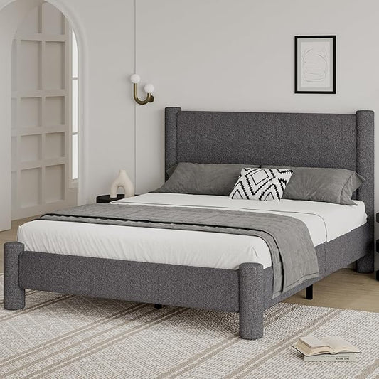 Queen Size Bed Frame, Boucle Upholstered Platform Bed Frame with Headboard and Footboard, Soft Bed Frame with Rounded Corners, No Box Spring Required, Easy Assembly, Dark Grey