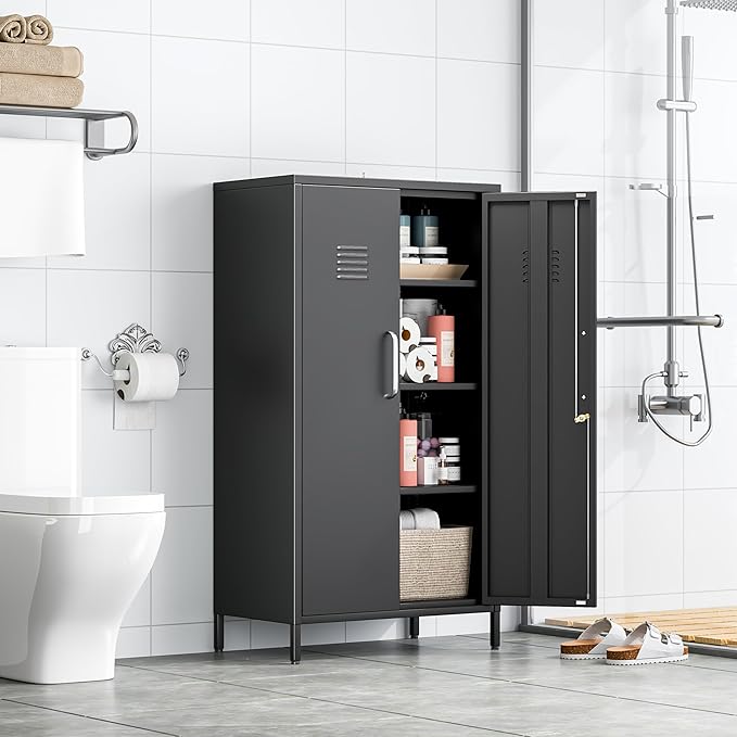 Tall Narrow Storage Cabinet 51.18" H Bathroom Cabinet Metal Pantry Cabinets, 3 Adjustable Shelves for Kitchen, Home Office, Living Room, Dinning Room (Black)
