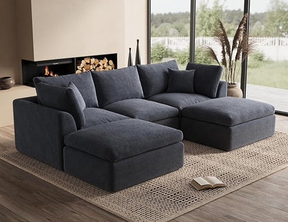 110" Cloud Sectional Couches for Living Room, Boneless U Shaped Couch with Ottoman, 3 Seater Modular Sectional Sofa, Dark Grey