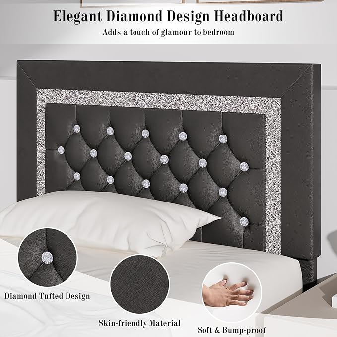 BarnFurin Twin Bed Frame with Diamond Tufted Headboard, Faux Leather Upholstered Bed with Wooden Slats Support, No Box Spring Needed, Mattress Foundation, Easy Assembly, Grey