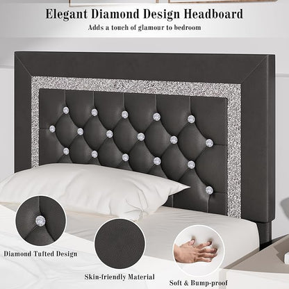 BarnFurin Twin Bed Frame with Diamond Tufted Headboard, Faux Leather Upholstered Bed with Wooden Slats Support, No Box Spring Needed, Mattress Foundation, Easy Assembly, Grey