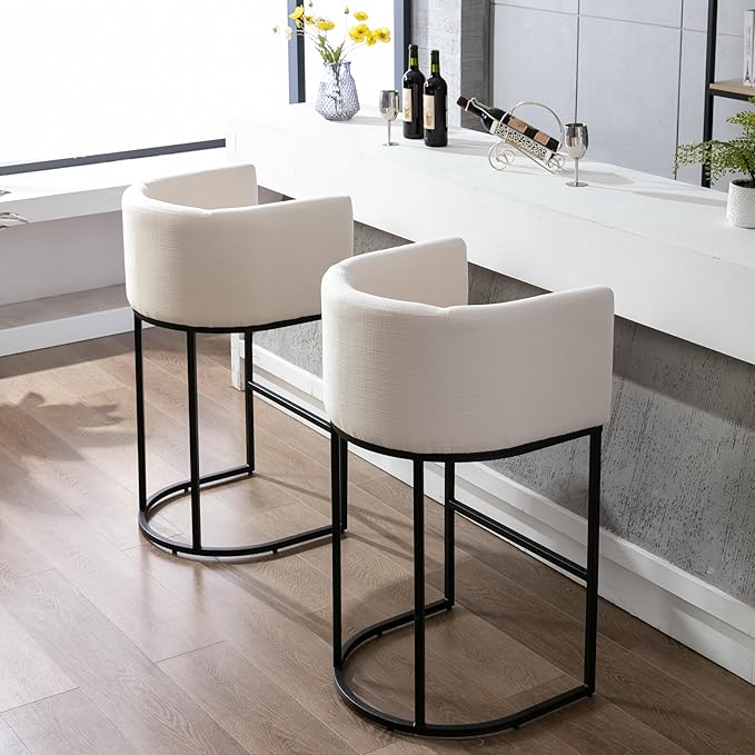 Contemporary Cream Linen Bar Stools Set of 4, 32" Upholstered Fabric Counter Height Bar Stools Kitchen Counter Island Stools with Black Metal Base