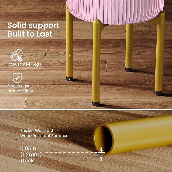 18-Inch Velvet Vanity Stool Chair with Storage, Vanity Bench with 4 Golden Metal Legs & Anti-Slip Adjustable Feet,Round Storage Ottoman Stool with Removable Soft Padded Seat, Pink