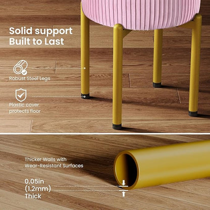 18-Inch Velvet Vanity Stool Chair with Storage, Vanity Bench with 4 Golden Metal Legs & Anti-Slip Adjustable Feet,Round Storage Ottoman Stool with Removable Soft Padded Seat, Pink