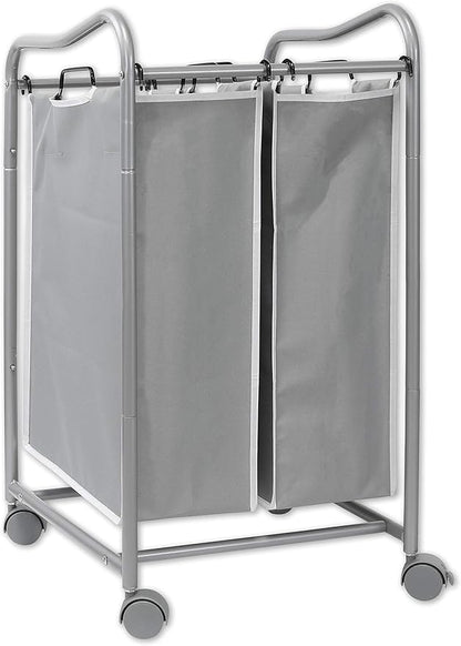 Simple Houseware 2-Bag Heavy Duty Rolling Laundry Sorter Cart, Silver – 2 Section Removable Bags and Lockable Wheels for Laundry Room Organization