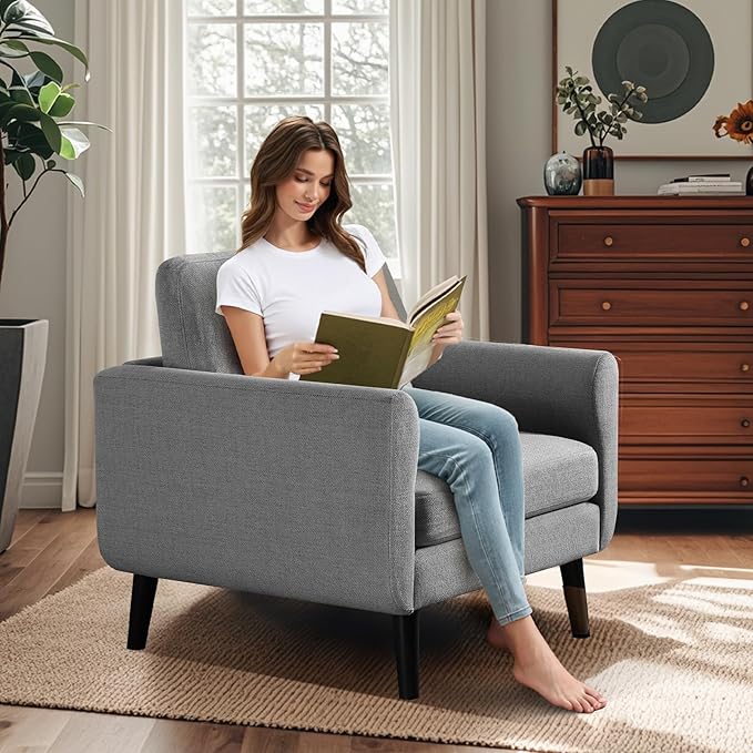 ELUCHANG Accent Chairs Set of 2, Oversized Mid Century Modern Arm Chair, Soft Linen Fabric Sofa Chairs Upholstered Comfy Chair for Living Room Bedroom Apartment (Grey)