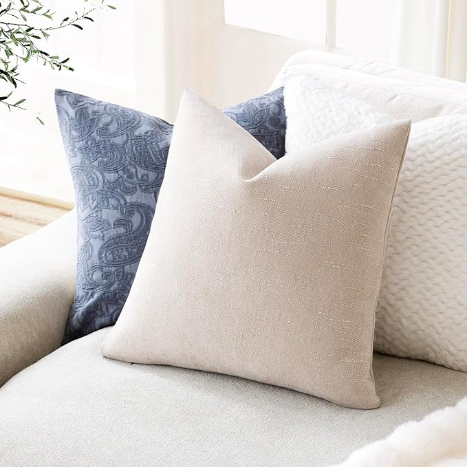 Foindtower Pack of 2 Soft Textured Throw Decorative Pillow Covers Square Accent Solid Cushion Cover Cozy Farmhouse Pillow Case with Zipper for Couch Sofa Bedroom Living Room 26x26 Inch, Light Beige