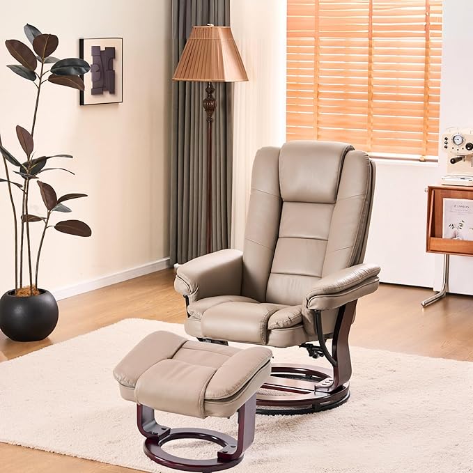 Argus Swivel Recliner with Ottoman, PU Leather & Wood Base Reclining Chair with Footrest, Ultra-Plush Double Foam for Living Room, Bedroom and Office