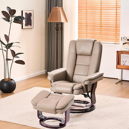 Argus Swivel Recliner with Ottoman, PU Leather & Wood Base Reclining Chair with Footrest, Ultra-Plush Double Foam for Living Room, Bedroom and Office