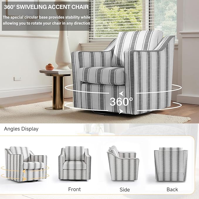 UIXE Swivel Accent Chairs Set of 2, Fabric Upholstered Arm Chair for Living Room, Modern Club Armchair Comfy Single Sofa Bedroom Reading Seat with Lumbar Pillow - Stripe Gray