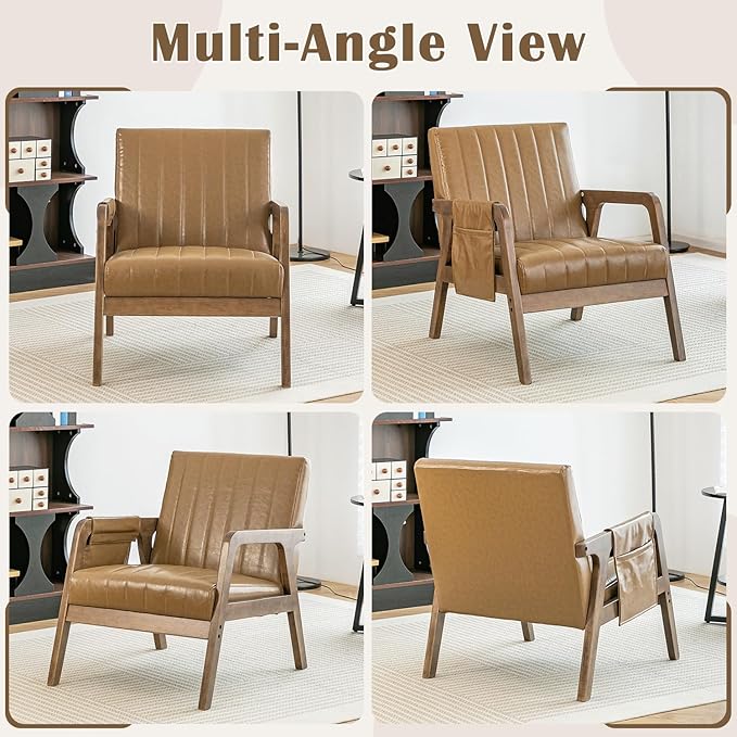 EROMMY Mid Century Modern Leather Accent Chair with Wood Frame, Faux Leather Accent Armchair with Storage Bag,Pu Living Room Accent Chair for Reading, Bedroom,Light Brown