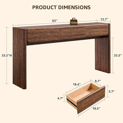 OKD 63'' Console Table with 3 Drawers, Farmhouse Entryway Table with Rounded Corners, Console Table Behind Couch for Living Room/Hallway-Reclaimed Barnwood