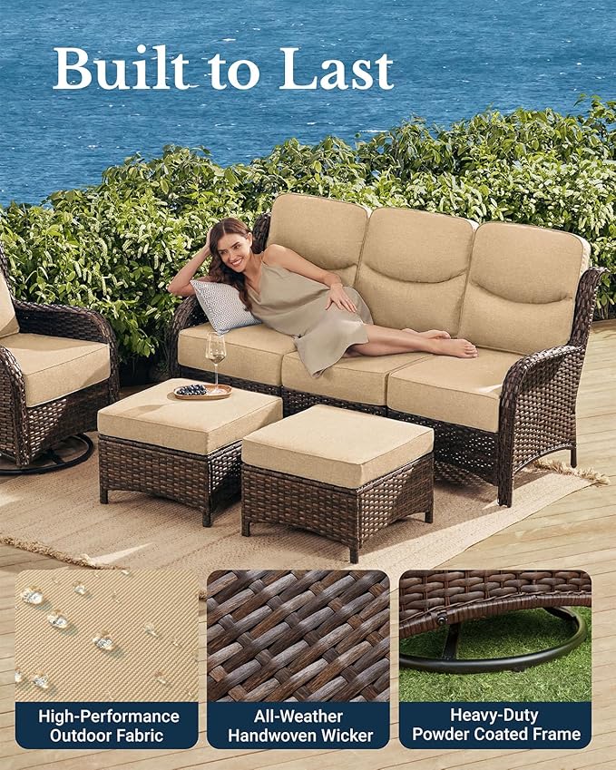 HILLGA Luxury Patio Furniture Set with 6-inch Thick Cushion, Outdoor Couch and High Back Swivel Rocker Patio Chairs, 7PCS Wicker Conversation Set for Deck Yard and Poolside, Beige (V2)