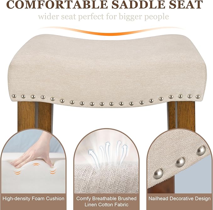 PrimeZone Counter Height Bar Stools Set of 4 - Backless Saddle Barstools with 4.3" Thick Upholstered, Nailhead Trim Linen Fabric & Solid Wood Legs, 26 Inch Counter Stools for Kitchen Island, Beige