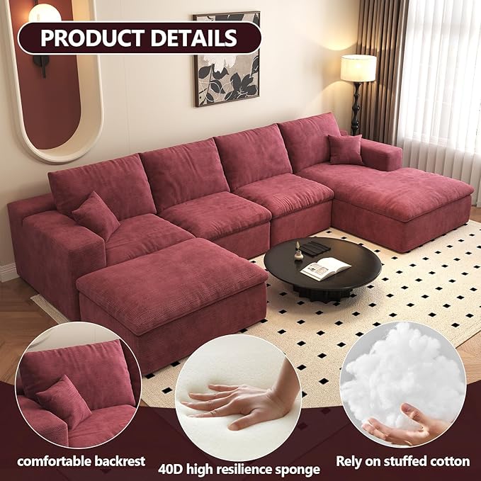 136.6'' U-Shaped Modern Modular Sectional Cloud Couch Whit Ottoman, 4-Seat Chenille Deep-Seat Sofa with Pillow for Living Room, Bedroom, Apartment, Wine Red