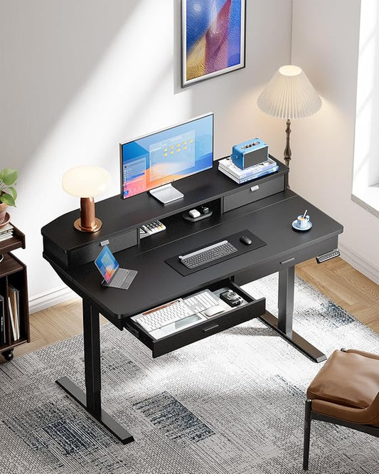 HUANUO 55 x 30 inch Electric Standing Desk with Wood Drawers,Stand up Home Office Desk Adjustable Height with Two Tiers, Ergonomic Stand up Desk with Monitor Stand, Black