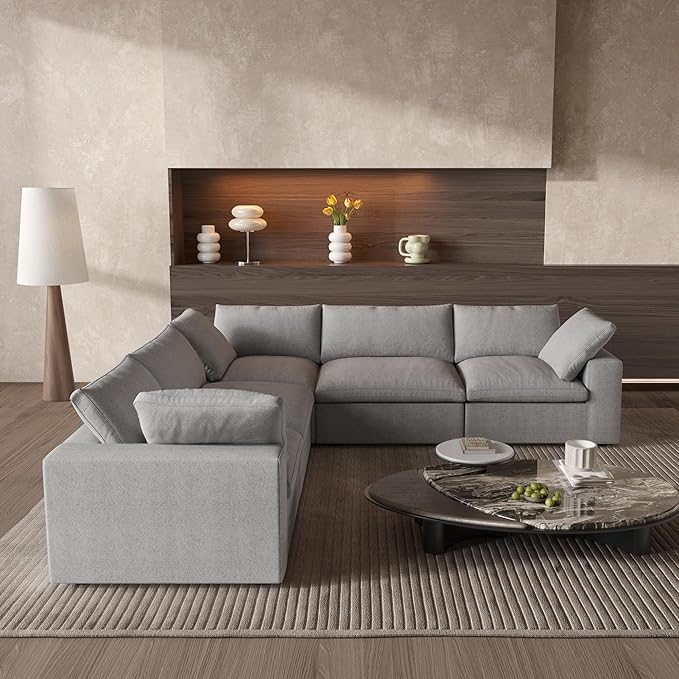 Cloud Couch Modular Sectional Sofa,160.6" Down Filled 5 Seater Convertible Sectional Sofas,V Shaped Couch for Living Room,Covers Washable&Replaceable-Gray