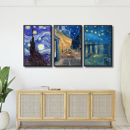 Wieco Art Black Framed 3 Panels Canvas Prints of Vincent Van Gogh Paintings Reproduction Starry Night Over the Rhone Cafe Terrace at Night Canvas Wall Art for Home Office Decor