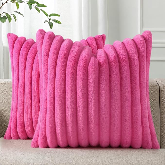 Pallene Faux Fur Plush Throw Pillow Covers 18x18 Set of 2, Luxury Soft Fluffy Striped Decorative Pillow Covers for Sofa, Couch, Living Room, Hot Pink