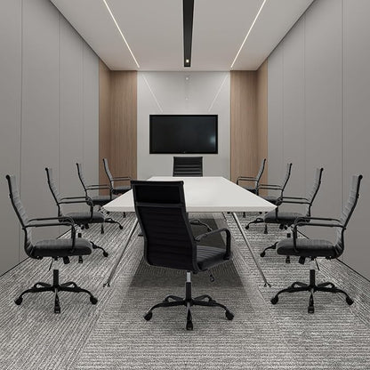 Conference Room Chairs, Ergonomic Executive Office Chair, Ribbed Leather Desk Chair with Lumbar Support, Adjustable Height Mid-Back Swivel Chair with Padded Seat
