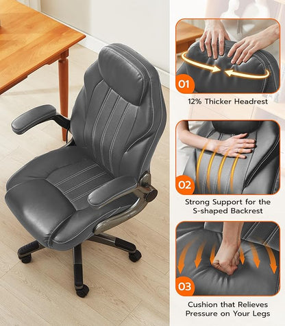 Office Desk Chair, Ergonomic Computer Chair with Padded Flip-Up Arms and Adjustable Lumbar Support, PU Leather Executive Chair with Tilt Lock and 360° Swivel Rolling Wheels for Work, Study