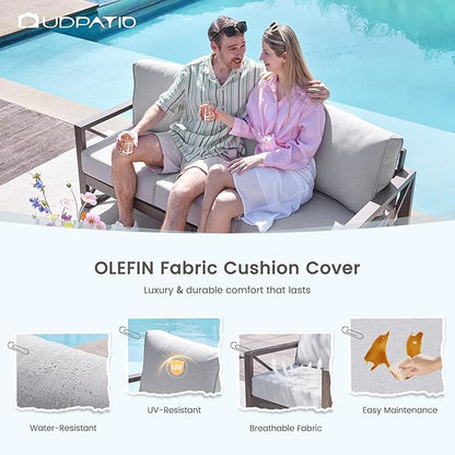 UDPATIO Aluminum Patio Furniture Set, 4 Piece Faux Wood Outdoor Patio Sets with Coffee Table, Metal Patio Furniture Set Modern Outdoor Sectional for Deck Porch Patio, Light Grey