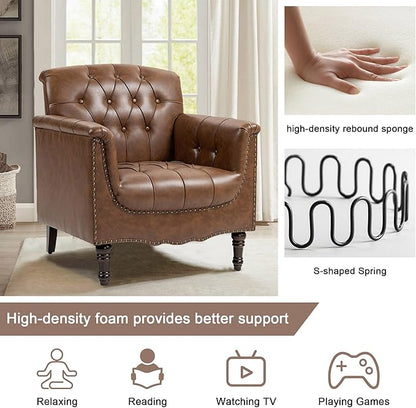 Lumibee Faux Leather Armchair, Contemporary Accent Chair with Nailhead Trims & Wood Legs for Living Room, Upholstered Comfy Arm Chair for Office,Bedroom-Brown