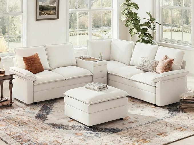 LINSY HOME Modular Sectional Couch Set, 99.7" V Shaped Cloud Sofa with Versatile Console, Chenille 5 Seater Sofa Set for Living Room, Apartment, Office, Beige