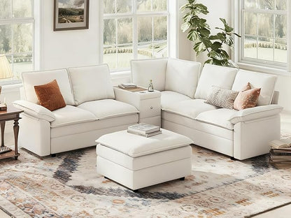 LINSY HOME Modular Sectional Couch Set, 99.7" V Shaped Cloud Sofa with Versatile Console, Chenille 5 Seater Sofa Set for Living Room, Apartment, Office, Beige