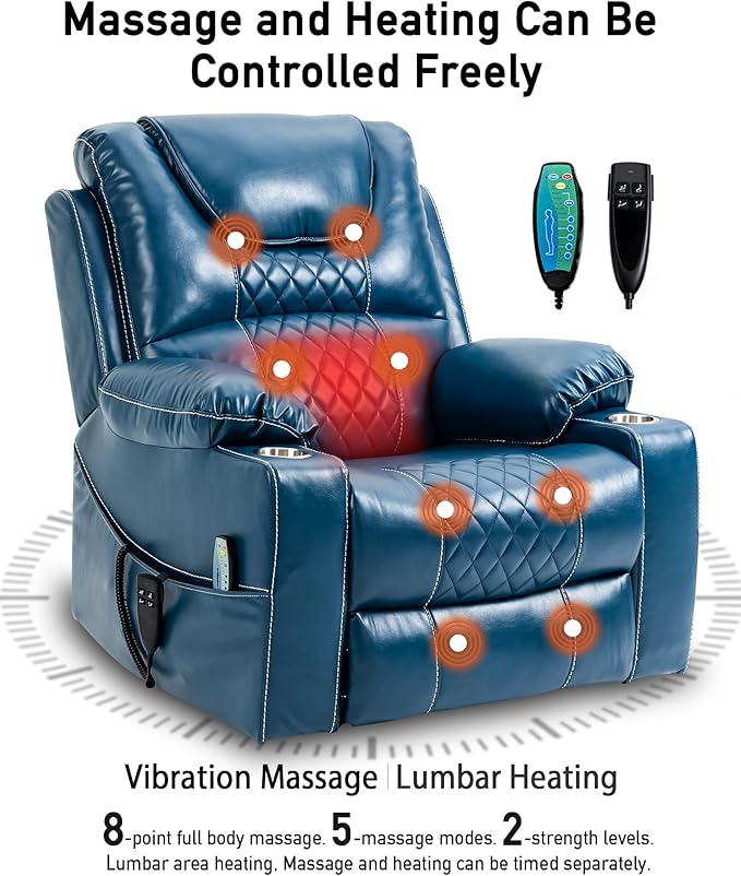 Large Power Lift Chairs Recliners for Elderly with Heated and Massage, Upgraded Dual Motor Lay Flat Recliners, 25in Extra Wide Seat, Cup Holder, Side Pocket